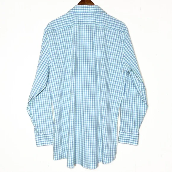 Stafford Mens Aqua Blue White Gingham Plaid Long Sleeve No Iron Buttondown Shirt - Picture 3 of 7